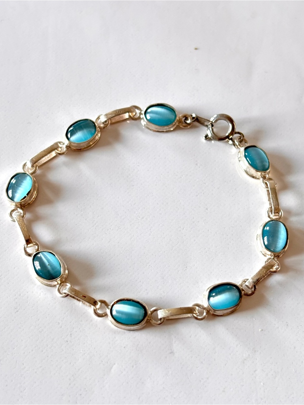 Vintage Light Blue Cat's Eye Gemstone Stamp 925 Handmade bracelet
